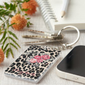 Cute Modern Flowers on Leopard Print-Personalized Schlüsselanhänger (Vorderseite rechts)