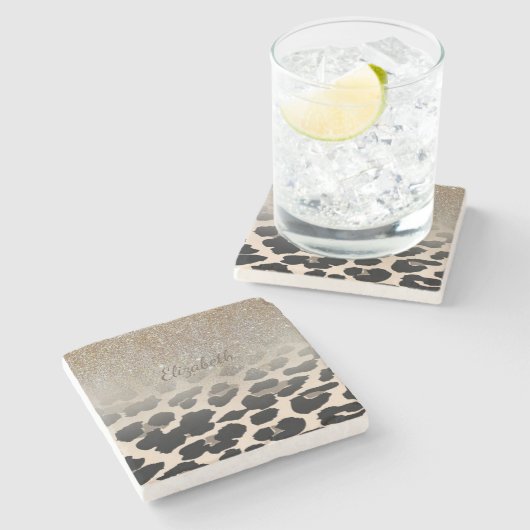 Cute Modern Flowers on Leopard Print-Personalized Steinuntersetzer (Seitenansicht)