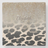 Cute Modern Flowers on Leopard Print-Personalized Steinuntersetzer (Vorderseite)