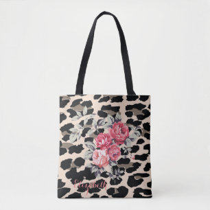 Cute Modern Flowers on Leopard Print-Personalized Tasche