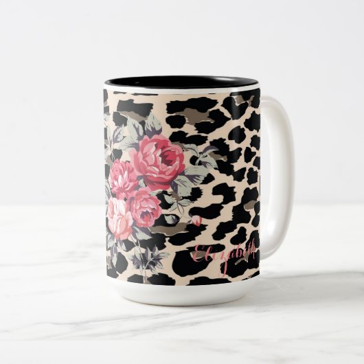 Cute Modern Flowers on Leopard Print-Personalized Zweifarbige Tasse (VorderseiteRechts)