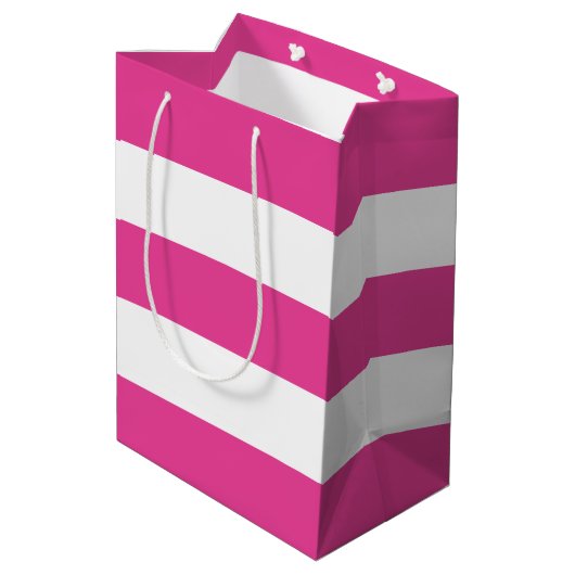 Cute Modern Girly Hot Pink White Stripes   Mittlere Geschenktüte (Rückseite Schrägansicht)