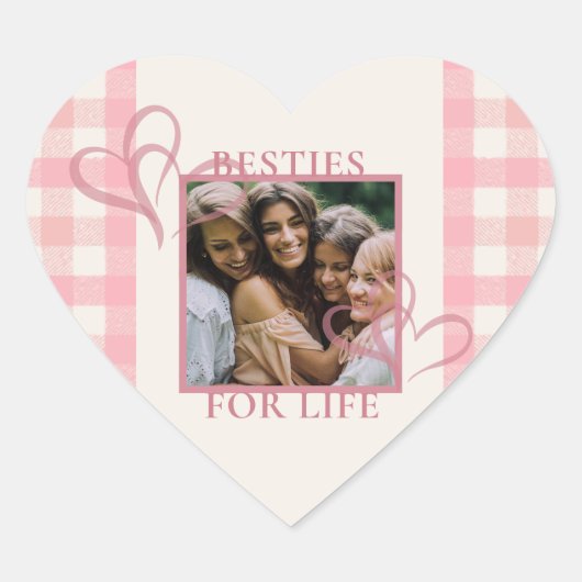 Cute Modern Pink Ivory Check Photo Galentine's Herz-Aufkleber (Vorderseite)