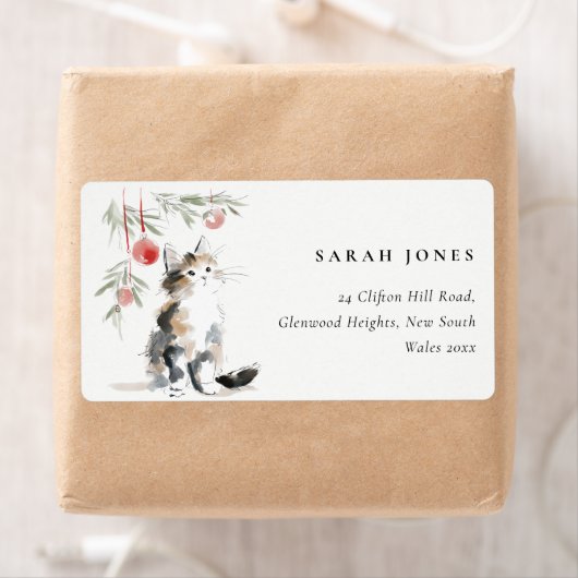 Cute Modern Watercolor Christmas Tree Cat Address (Insitu)