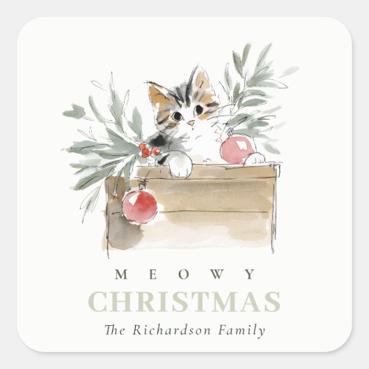Cute Modern Watercolor Meowy Christmas Box Cat Quadratischer Aufkleber (Vorderseite)