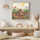 Cute Mole And Flowers Crayon Drawing Kid Poster