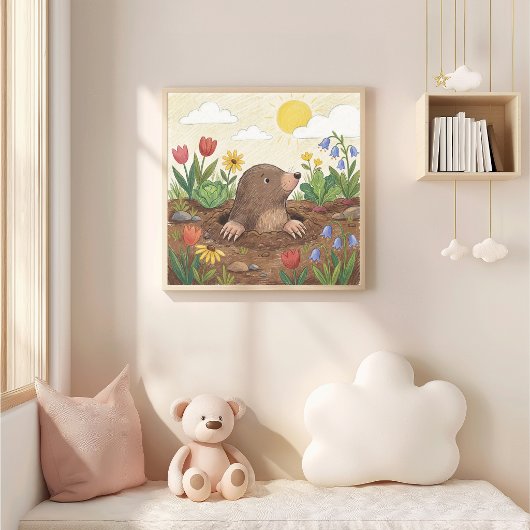 Cute Mole And Flowers Crayon Drawing Kid Poster
