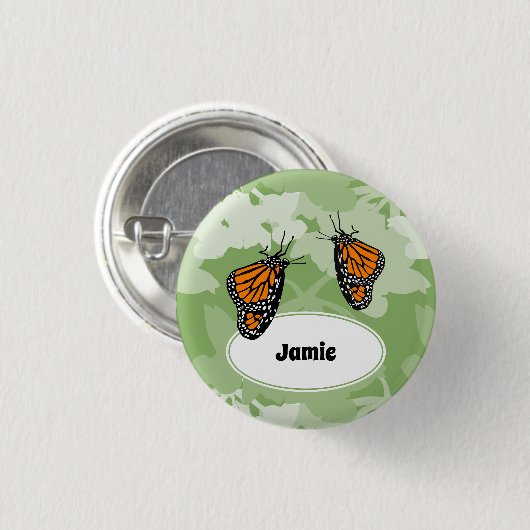 Cute Monarch Butterfly Green Floral Name Button (Vorne & Hinten)
