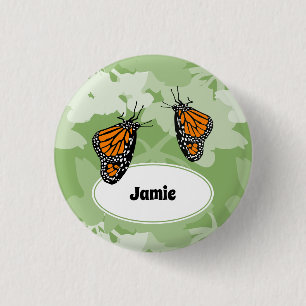 Cute Monarch Butterfly Green Floral Name Button