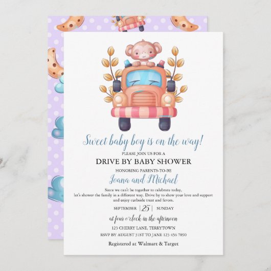 Cute Monkey Boy Baby Shower Drive Through Einladung (Vorne/Hinten)