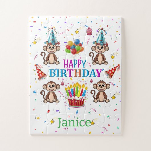Cute Monkey Happy Birthday Cupcake Puzzles (Vertikal)