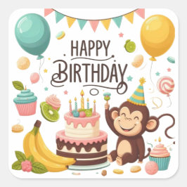 Cute Monkey Happy Birthday Party Quadratischer Aufkleber