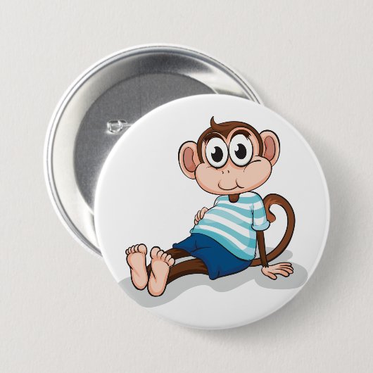 Cute Monkey in Blue Striped Shirt and Shorts Button (Vorne & Hinten)