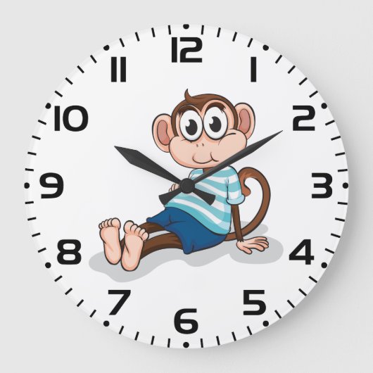 Cute Monkey in Blue Striped Shirt and Shorts Große Wanduhr (Vorderseite)