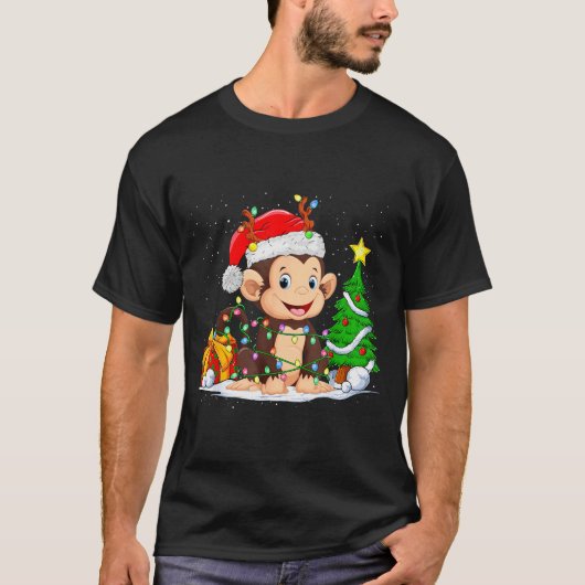 Cute Monkey Santa Christmas Tree Lights Xmas Pajam T-Shirt (Vorderseite)