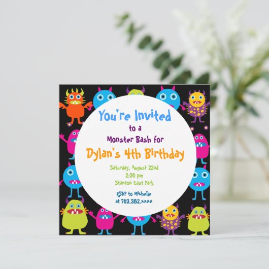 Cute Monster Birthday Party Invitation Templates Einladung (Stehend Vorderseite)
