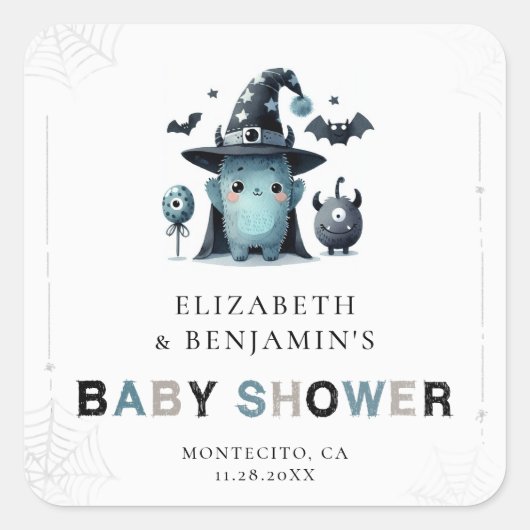 Cute Monster Fall Halloween Blue Coed Baby Shower Quadratischer Aufkleber (Vorderseite)