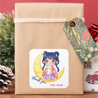 Cute Moon Bunny Girl  Quadratischer Aufkleber