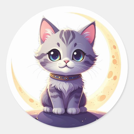 Cute Moon Cat Sticker – Magical Kitten on Crescent (Vorderseite)