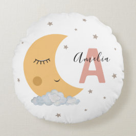 Cute Moon & Clouds Round Nursery Pillow Pink Initi Rundes Kissen