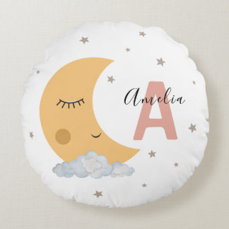 Cute Moon & Clouds Round Nursery Pillow Pink Initi Rundes Kissen