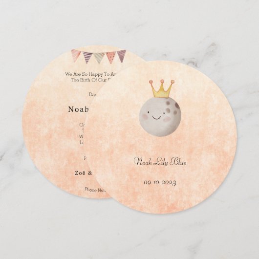 Cute Moon With Crown Baby Girl Card Einladung (Vorne/Hinten)