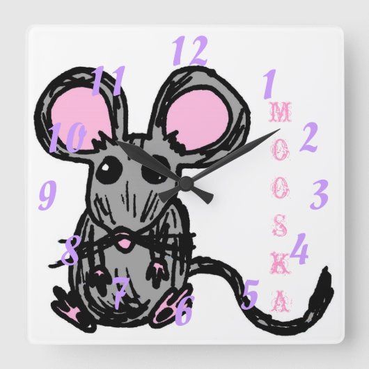 Cute Mooska Mouse Square Clock Quadratische Wanduhr (Vorderseite)