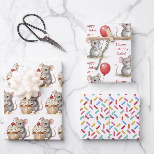 Cute Mouse, Cupcakes and Sprinkles Birthday Geschenkpapier Set (Vorderseite)