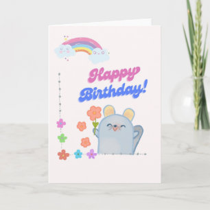 Cute Mouse Holding Flower Happy Birthday Card - Ka Karte