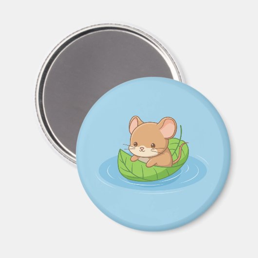 Cute Mouse in a Leaf Boat Blue Magnet (Vorderseite/Rückseite)