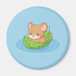 Cute Mouse in a Leaf Boat Blue Magnet