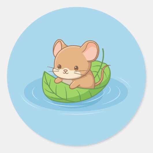 Cute Mouse in a Leaf Boat Blue Runder Aufkleber (Vorderseite)