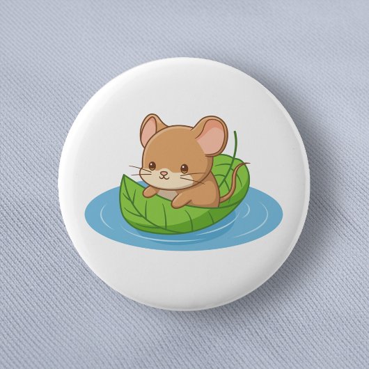 Cute Mouse in a Leaf Boat Button