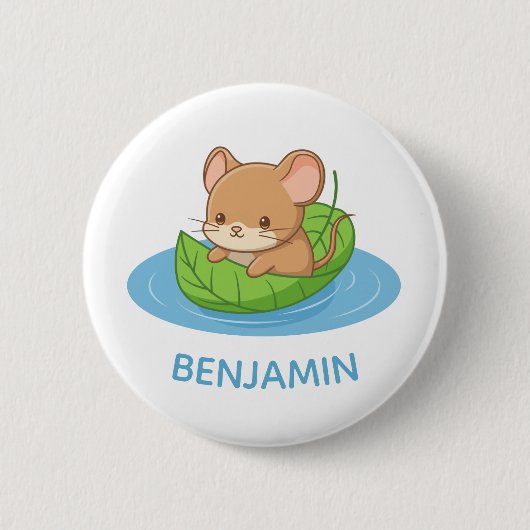Cute Mouse in a Leaf Boat Custom Name Button (Vorderseite)
