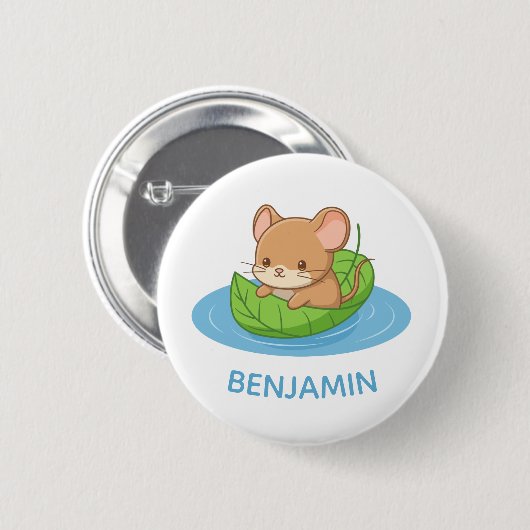 Cute Mouse in a Leaf Boat Custom Name Button (Vorne & Hinten)