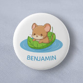 Cute Mouse in a Leaf Boat Custom Name Button