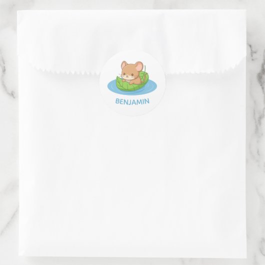 Cute Mouse in a Leaf Boat Custom Name Runder Aufkleber (Tasche)