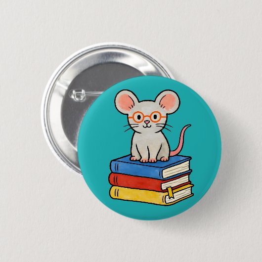 Cute Mouse on Books Stack Button (Vorne & Hinten)