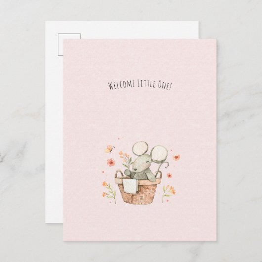 Cute Mouse With Flowers Welcome New Baby Card Postkarte (Vorne/Hinten)