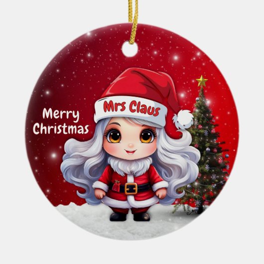 Cute Mrs Santa Claus Character Berry Red Snowy🤶🎄 Keramik Ornament (Vorne)