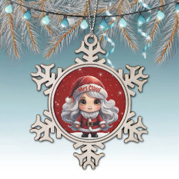 Cute Mrs Santa Graphic Berry Red Sparkle 🤶🏻🎄 Schneeflocken Zinn-Ornament