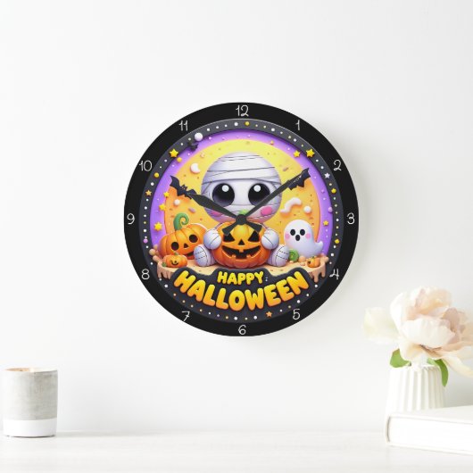 Cute Mummy Happy Halloween Große Wanduhr (Zuhause)