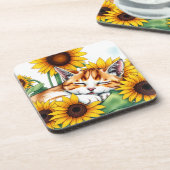Cute Napping Kitten and Sunflowers Getränkeuntersetzer (Linke Seite)