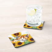 Cute Napping Kitten and Sunflowers Getränkeuntersetzer (Rechte Seite)