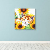 Cute Napping Kitten and Sunflowers Leinwanddruck (Insitu (Holzboden))