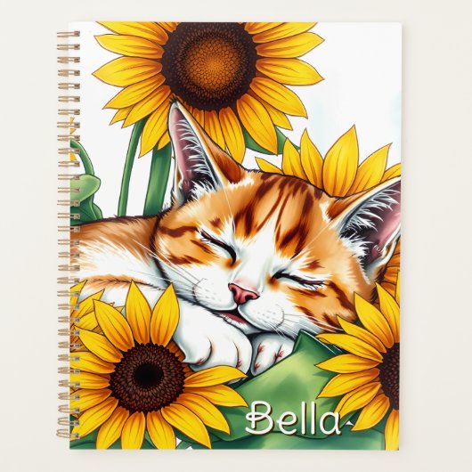 Cute Napping Kitten and Sunflowers Personalized Planer (Vorderseite)