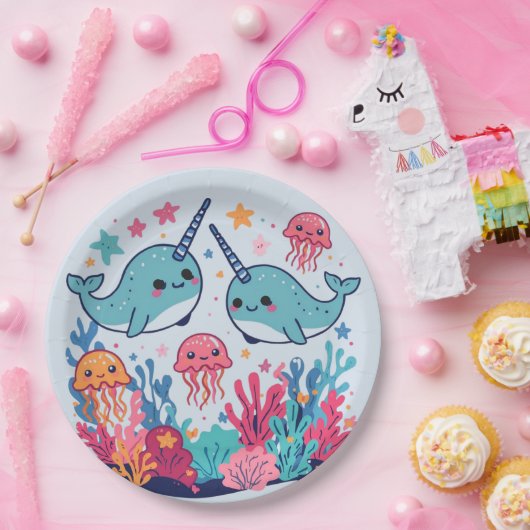 Cute Narwhal fish Pattern Watercolor Under the Sea Pappteller (Party)