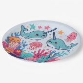 Cute Narwhal fish Pattern Watercolor Under the Sea Pappteller (Schrägansicht)