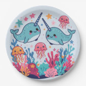 Cute Narwhal fish Pattern Watercolor Under the Sea Pappteller (Vorderseite)