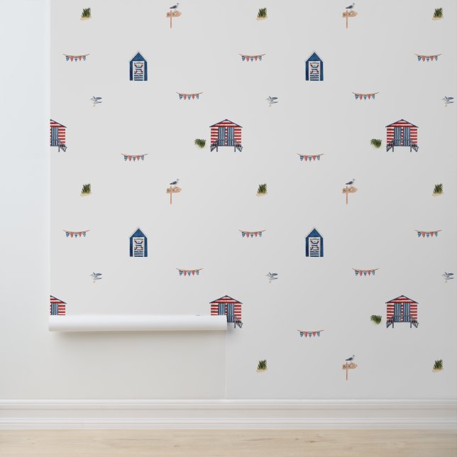 Cute Nautical Beach Hut Pattern Wallpaper Tapete (Anwendung)